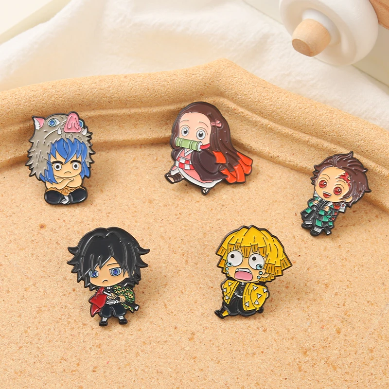 Demon Slayer Chibi Enamel Pin Custom Brooch Tanjirou Nezuko Zenitsu Inosuke Giyuu Lapel Badge Cartoon Jewelry Gift for Fans