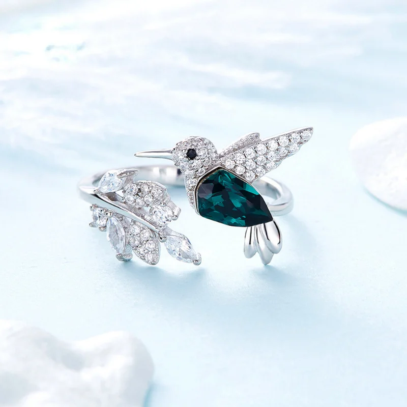 Fashion Silver Color Hummingbird Adjustable Ring for Women with Green Austrian Crystal Luxury Wedding Rings Jewelry Gift