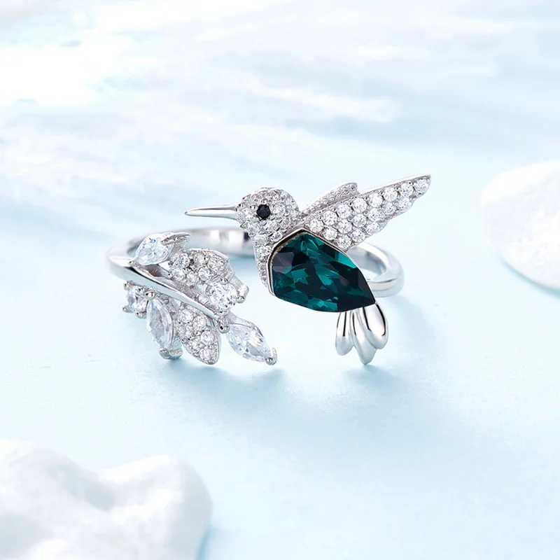 Fashion Silver Color Hummingbird Adjustable Ring for Women with Green Austrian Crystal Luxury Wedding Rings Jewelry Gift