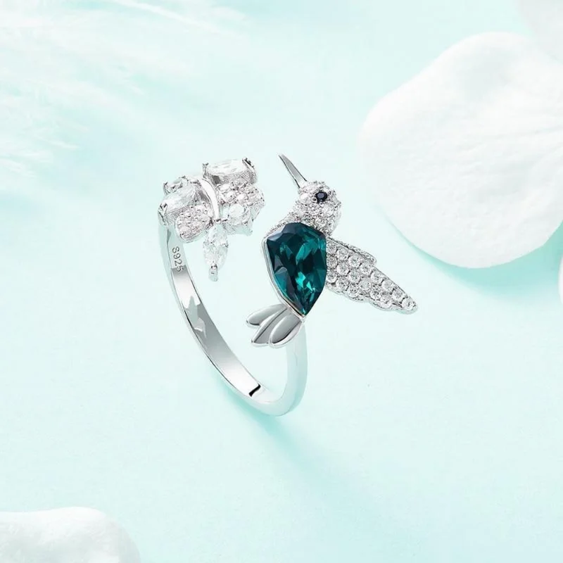 Fashion Silver Color Hummingbird Adjustable Ring for Women with Green Austrian Crystal Luxury Wedding Rings Jewelry Gift