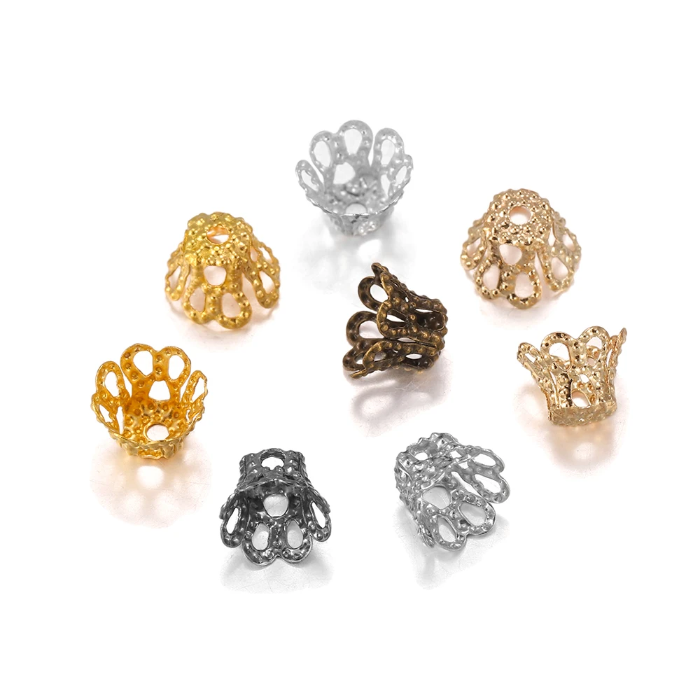 100pcs/lot Silve Gold Antique Bronze Metal Wine Cup Hollow Flower Trumpet Bead End Caps For DIY Jewelry Making Finding Supplies
