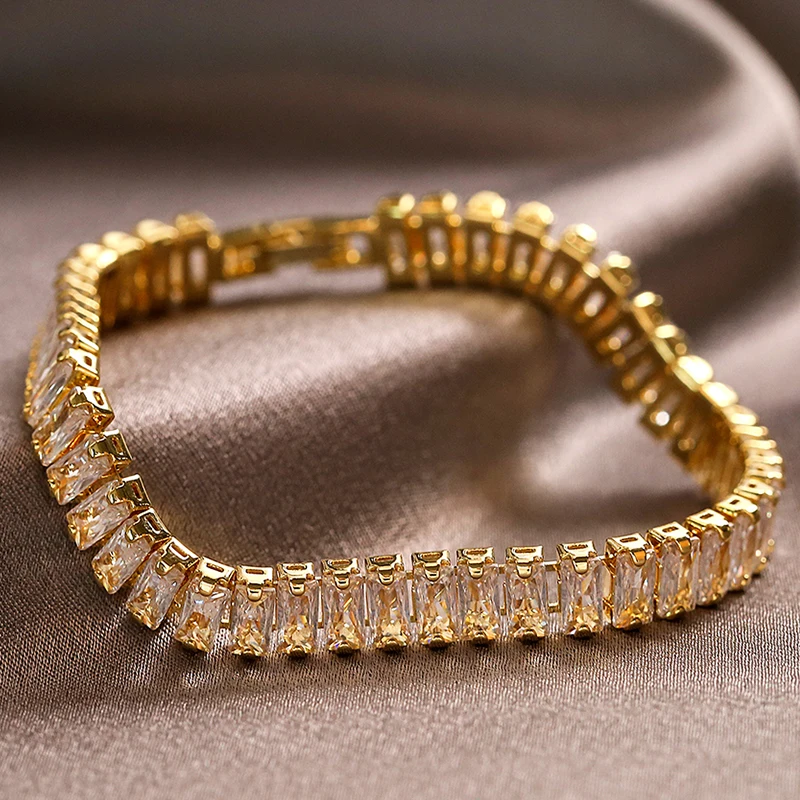 Fashion Korean Style Rectangle Zirconia Tennis Bracelets for Women Luxury Gold Color Crystal Party Jewelry