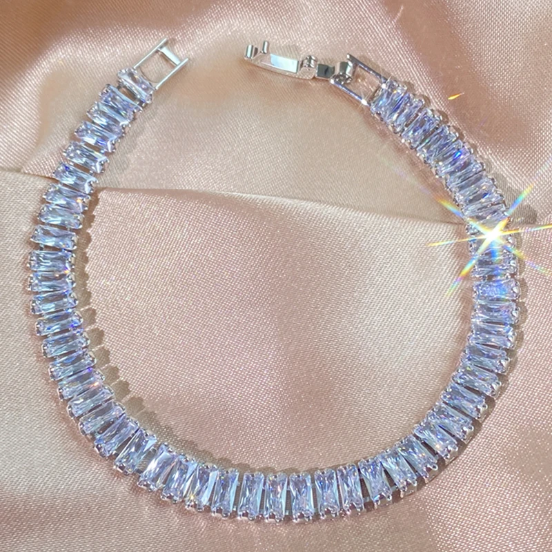 Fashion Korean Style Rectangle Zirconia Tennis Bracelets for Women Luxury Gold Color Crystal Party Jewelry