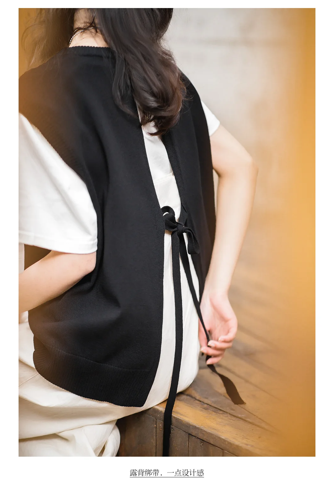 Maden Women's Casual V-neck Knitted Vest Vintage Black Sleeveless Lace-up Sweater Vests Female Knitwear Tops Oversize Outwear