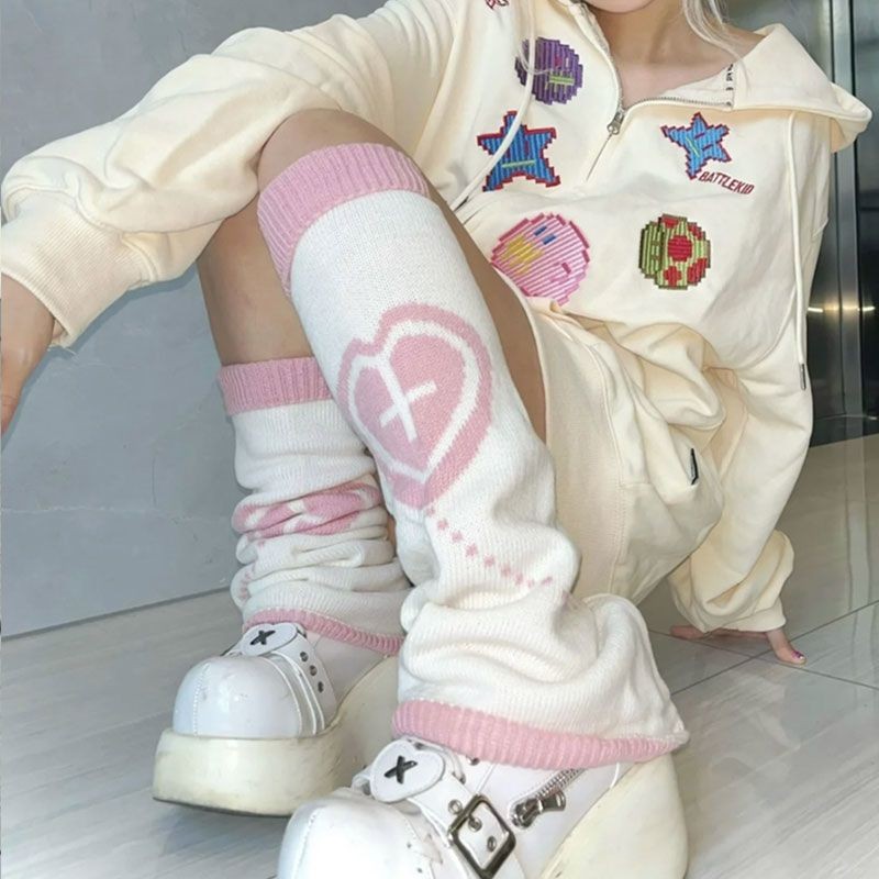 1 Pair Women Two Side Cross Leg Warmers Pink Heart Plush Japanese Harajuku Style Girl Sweet Ruffles Leg Socks Velvet Foot Warmer