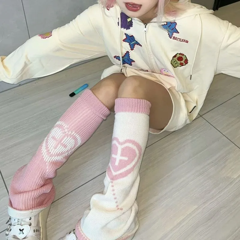 1 Pair Women Two Side Cross Leg Warmers Pink Heart Plush Japanese Harajuku Style Girl Sweet Ruffles Leg Socks Velvet Foot Warmer