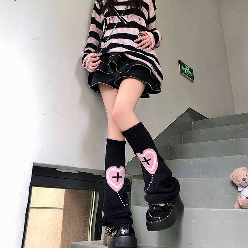 1 Pair Women Two Side Cross Leg Warmers Pink Heart Plush Japanese Harajuku Style Girl Sweet Ruffles Leg Socks Velvet Foot Warmer
