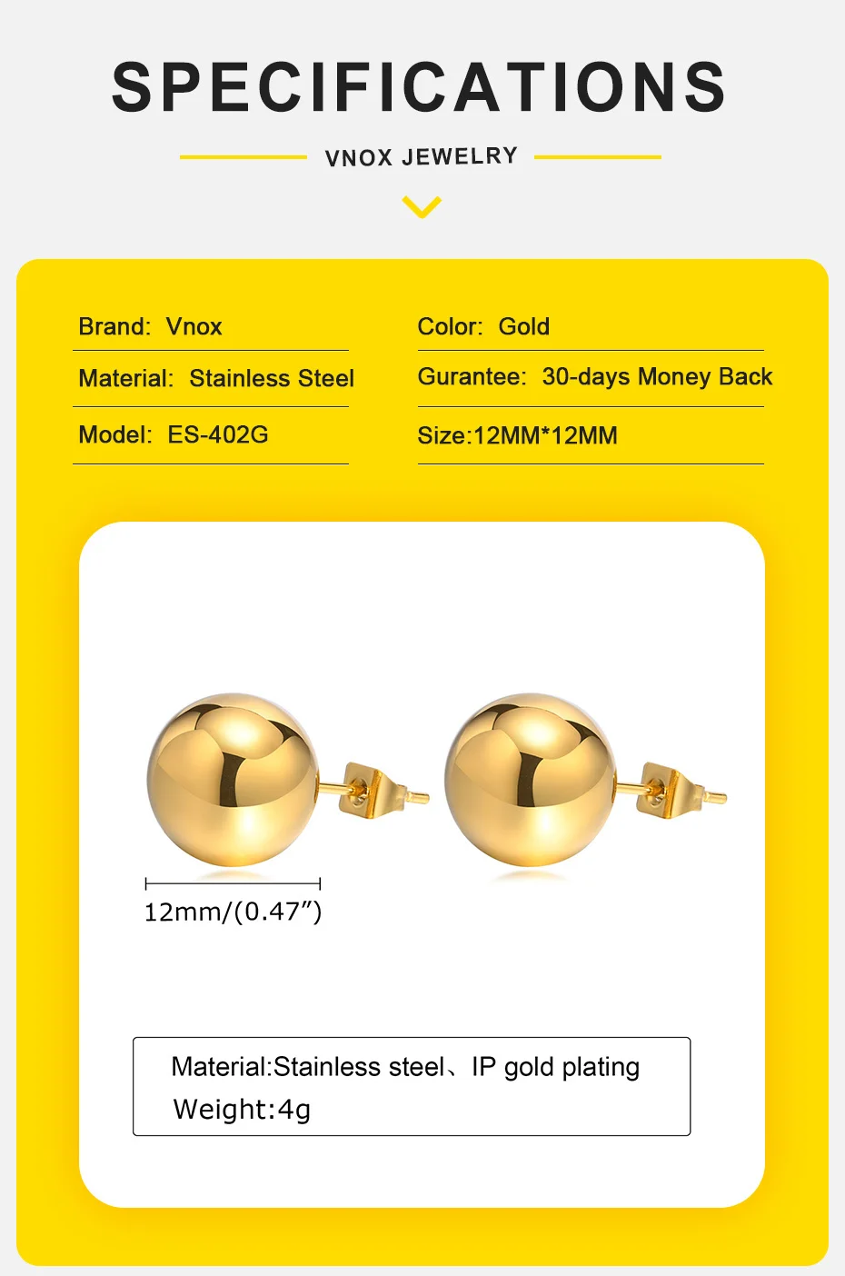 Vnox Gold Color Stainless Steel 12MM Ball Stud Earrings for Women Jewelry, Anti Allergy Metal Beads Ear Gift Accessories