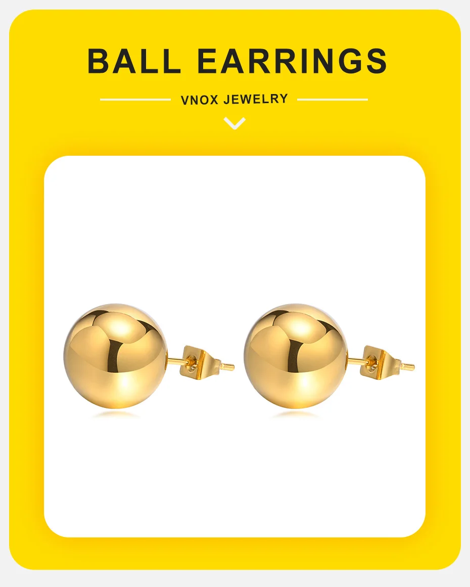 Vnox Gold Color Stainless Steel 12MM Ball Stud Earrings for Women Jewelry, Anti Allergy Metal Beads Ear Gift Accessories