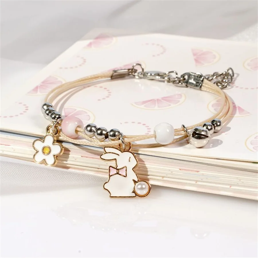 Korean Cute Cartoon Rabbit Flower Pendant Bracelets For Women Fashion Charm Bell Butterfly Cat Bracelet Friendship Jewelry