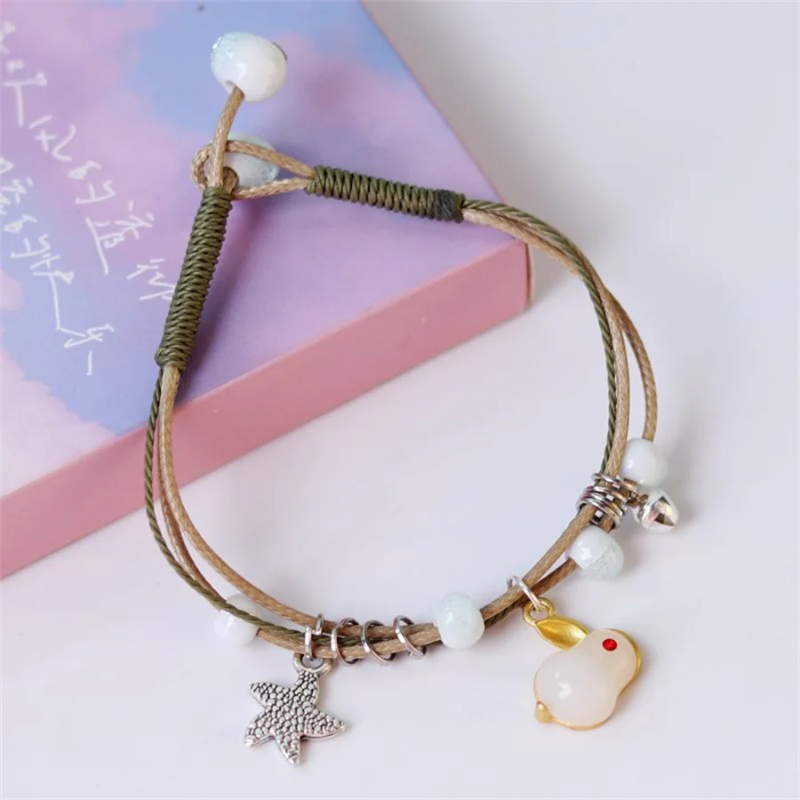 Korean Cute Cartoon Rabbit Flower Pendant Bracelets For Women Fashion Charm Bell Butterfly Cat Bracelet Friendship Jewelry