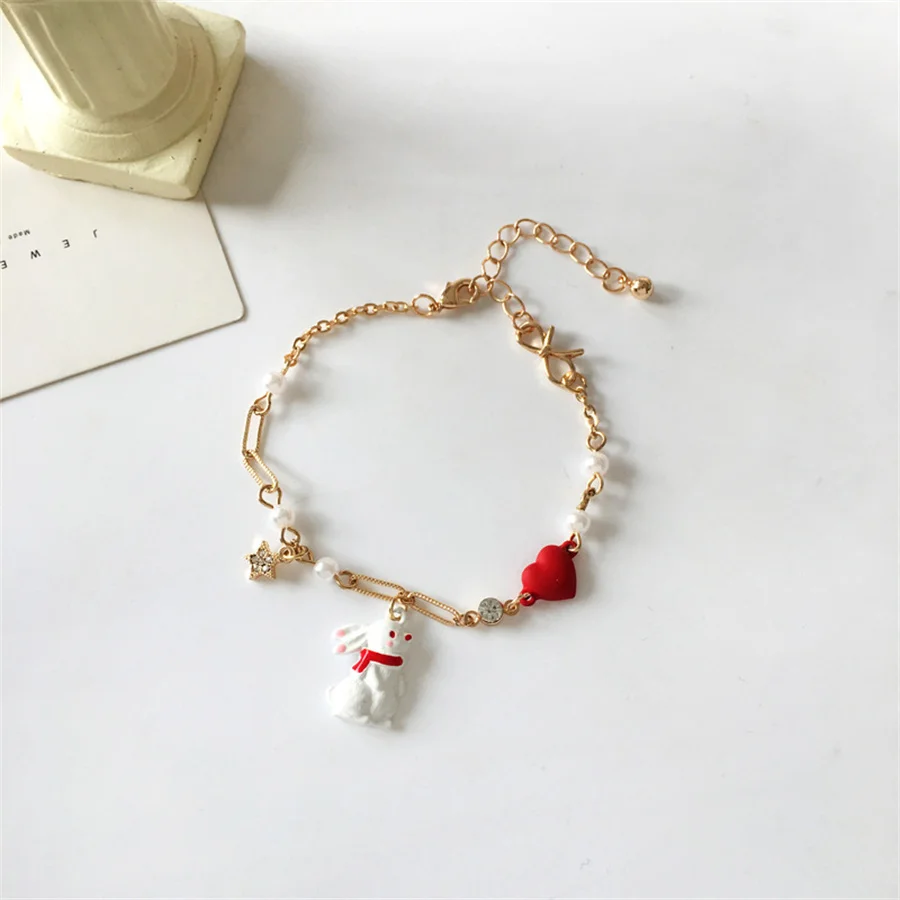 Korean Cute Cartoon Rabbit Flower Pendant Bracelets For Women Fashion Charm Bell Butterfly Cat Bracelet Friendship Jewelry