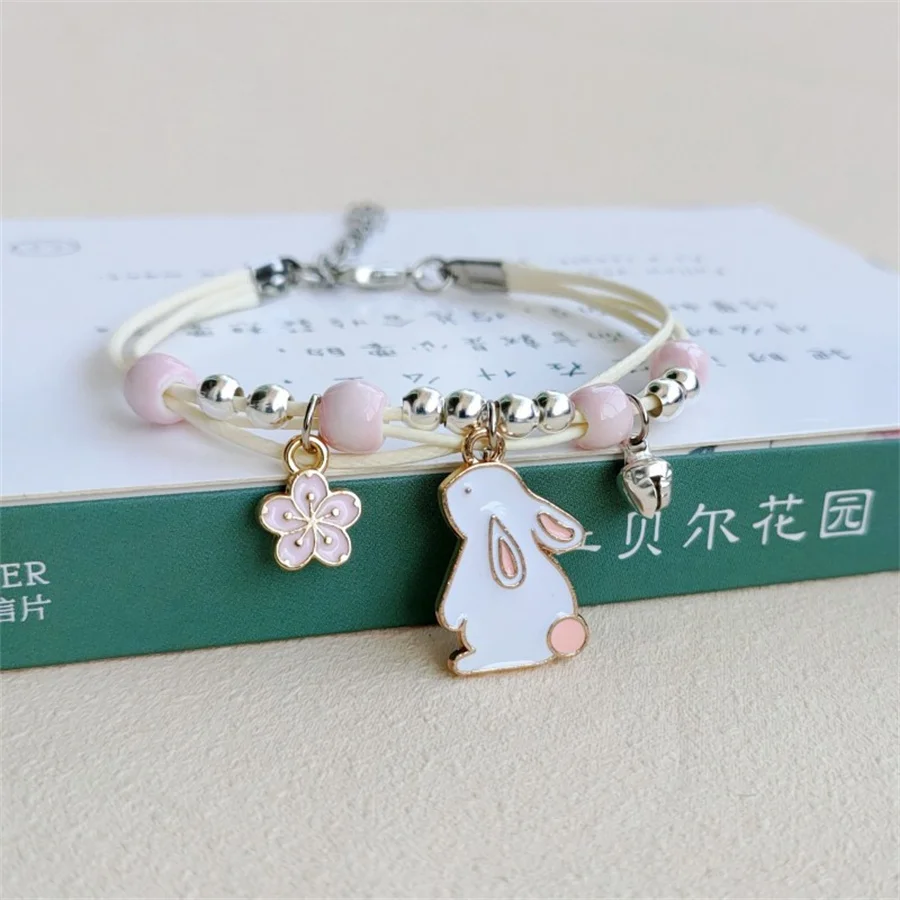 Korean Cute Cartoon Rabbit Flower Pendant Bracelets For Women Fashion Charm Bell Butterfly Cat Bracelet Friendship Jewelry