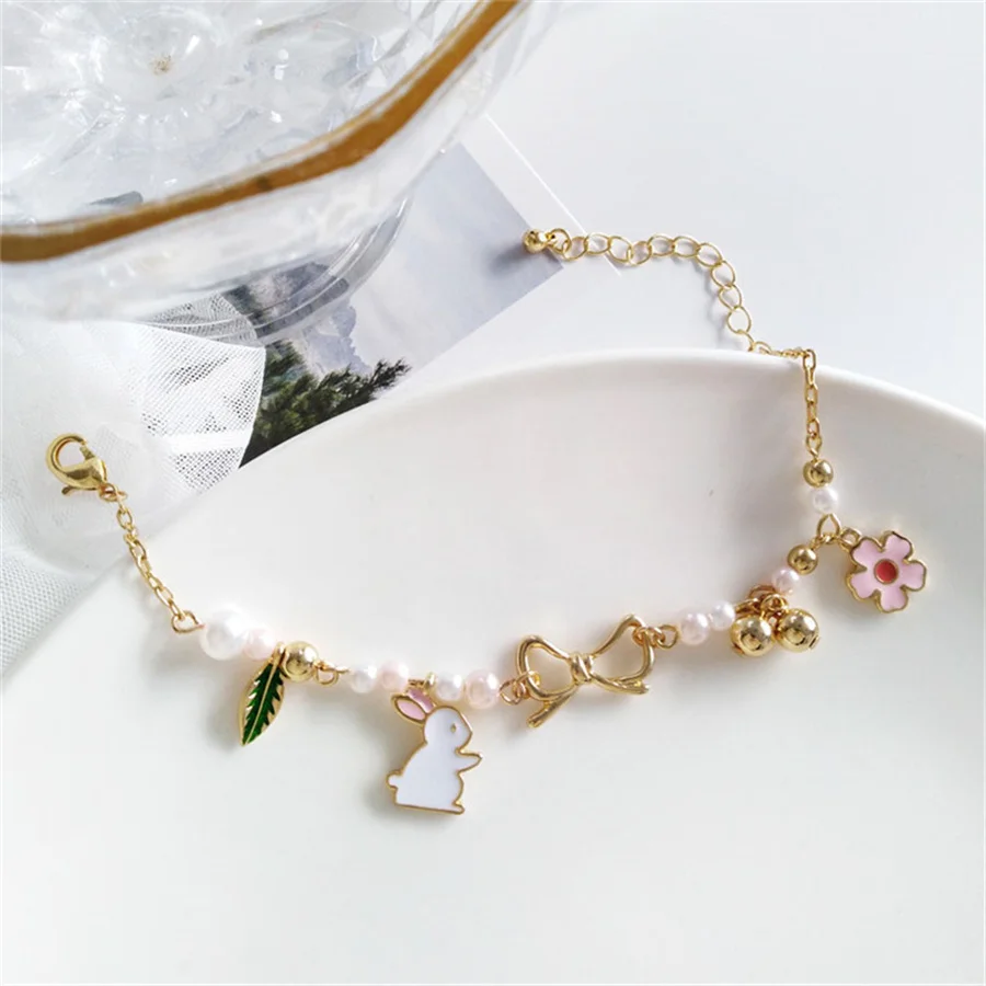 Korean Cute Cartoon Rabbit Flower Pendant Bracelets For Women Fashion Charm Bell Butterfly Cat Bracelet Friendship Jewelry