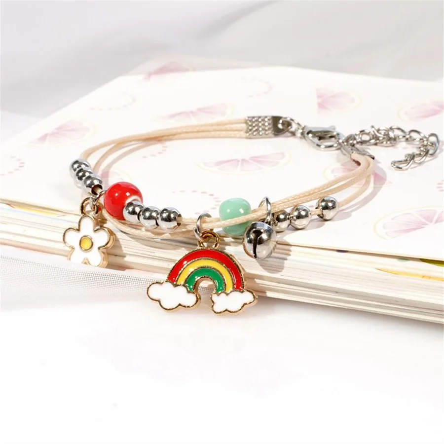Korean Cute Cartoon Rabbit Flower Pendant Bracelets For Women Fashion Charm Bell Butterfly Cat Bracelet Friendship Jewelry