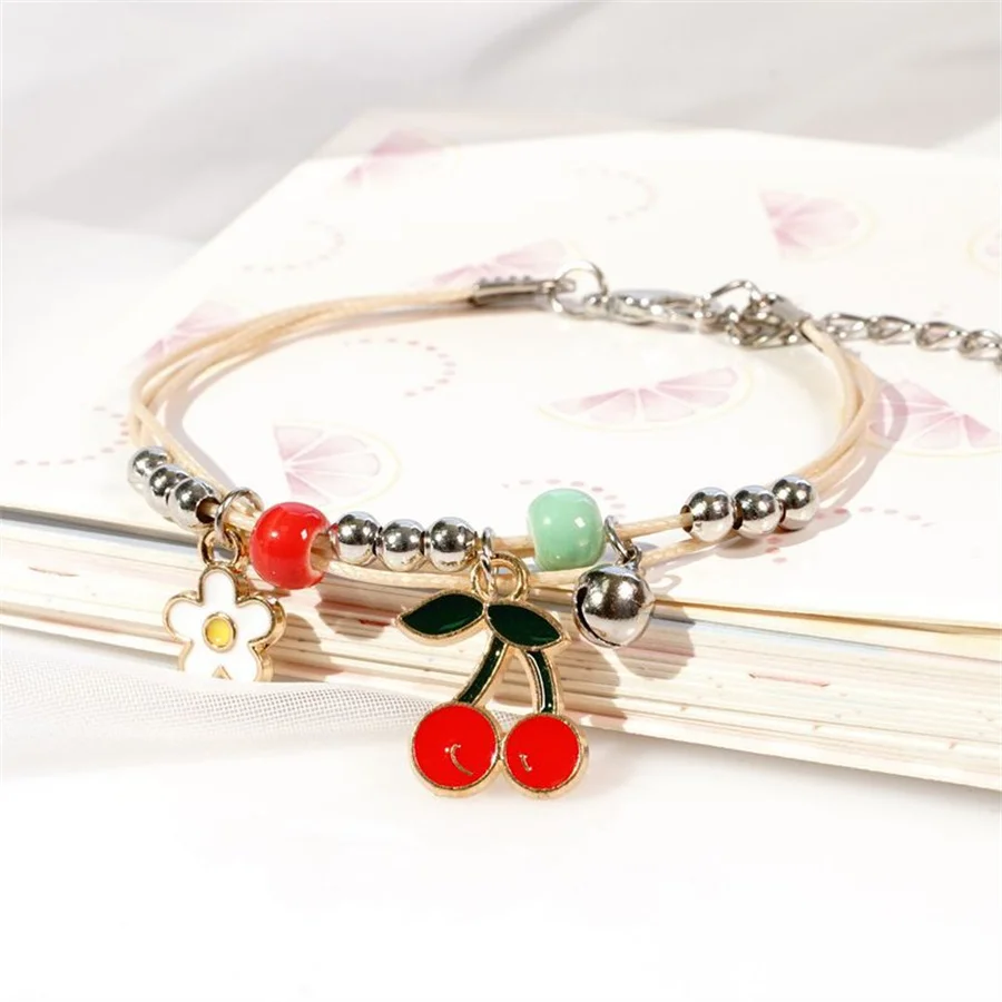 Korean Cute Cartoon Rabbit Flower Pendant Bracelets For Women Fashion Charm Bell Butterfly Cat Bracelet Friendship Jewelry