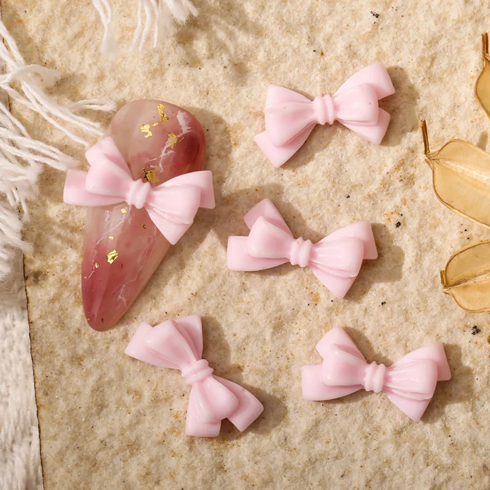 50pcs Long Pink Resin Bow Nail Art Charm 3D Kawaii Frosted Fairy Nail Bows Decor Parts DIY Japanese Design Nail Accessories