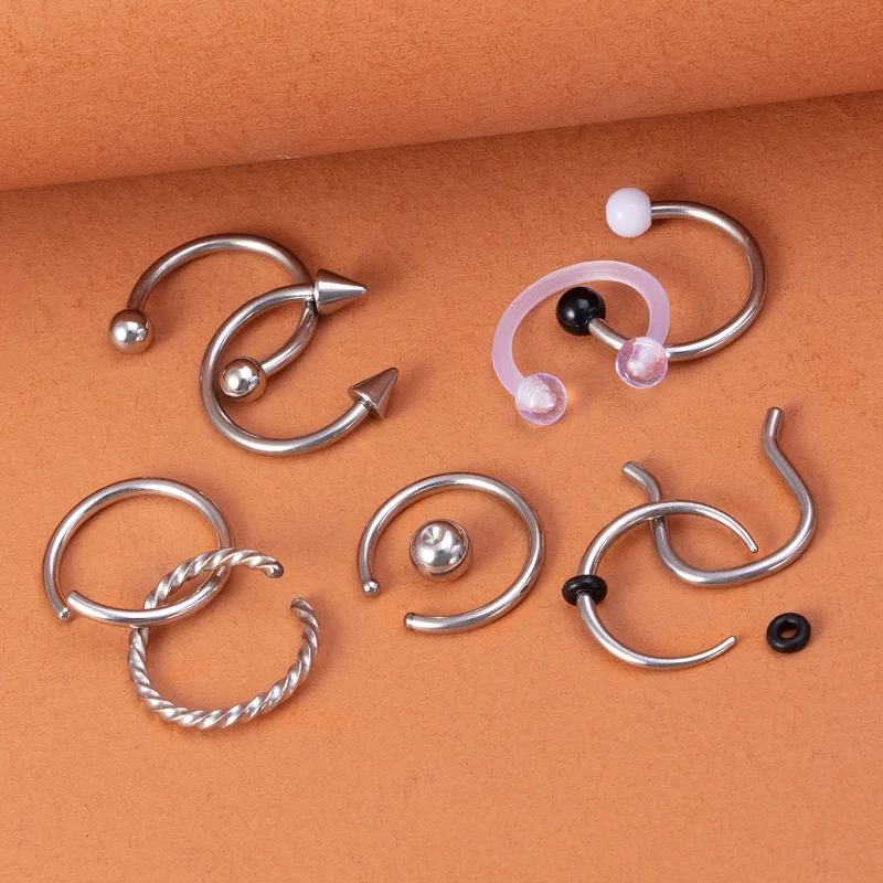 9pcs Hoop Nose Ring Septum Piercing Set Silver Color Surgical Steel Cartilage Earring Tragus Helix Circular BCR Ear Body Jewelry