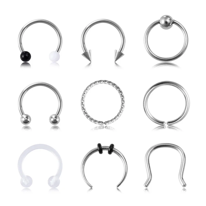 9pcs Hoop Nose Ring Septum Piercing Set Silver Color Surgical Steel Cartilage Earring Tragus Helix Circular BCR Ear Body Jewelry
