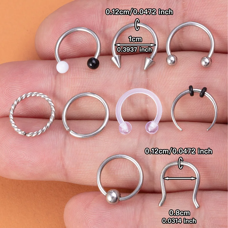 9pcs Hoop Nose Ring Septum Piercing Set Silver Color Surgical Steel Cartilage Earring Tragus Helix Circular BCR Ear Body Jewelry