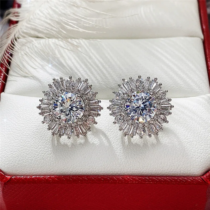 Huitan Eternity Cubic Zirconia Flower Stud Earrings for Women High Quality Wedding Accessories Classic Versatile Female Jewelry