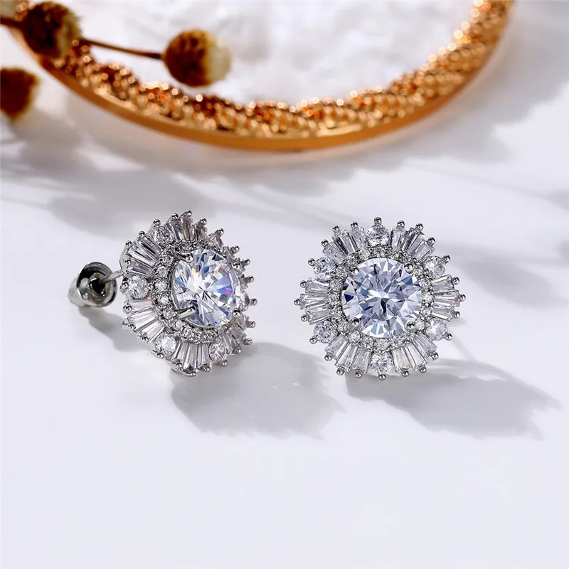 Huitan Eternity Cubic Zirconia Flower Stud Earrings for Women High Quality Wedding Accessories Classic Versatile Female Jewelry