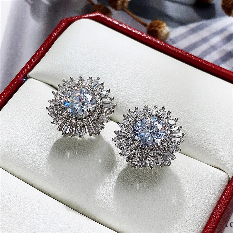 Huitan Eternity Cubic Zirconia Flower Stud Earrings for Women High Quality Wedding Accessories Classic Versatile Female Jewelry