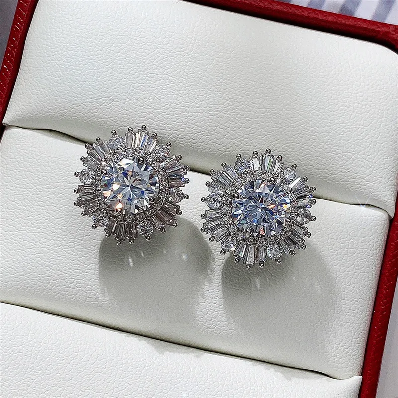 Huitan Eternity Cubic Zirconia Flower Stud Earrings for Women High Quality Wedding Accessories Classic Versatile Female Jewelry