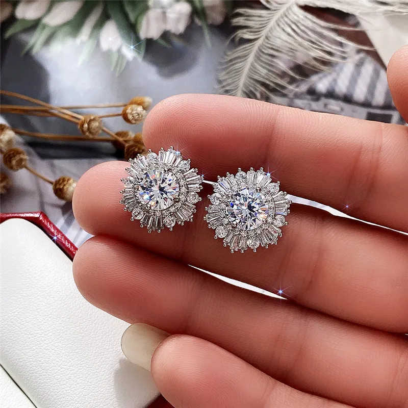 Huitan Eternity Cubic Zirconia Flower Stud Earrings for Women High Quality Wedding Accessories Classic Versatile Female Jewelry
