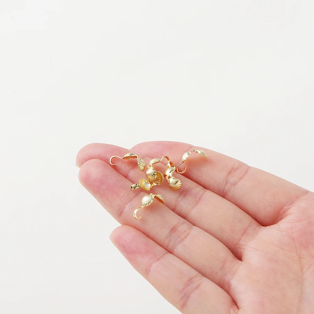 20pcs/lot 14K 18K Gold Color Shell Shape Necklace Calotte Cover Beads With Hook End Crimp Beads For DIY Jewelry Making Supplies