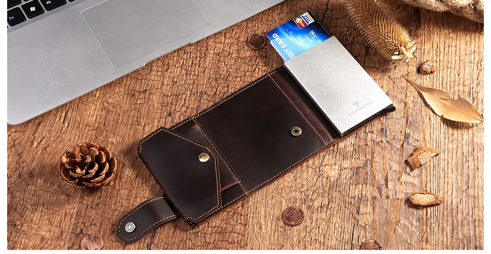 Vintage Crazy Horse Leather Men Wallets RFID Protection Mini Metal Card Holder Wallet Zipper Coin Pocket for Man