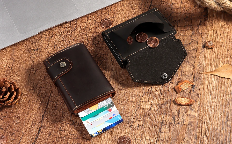 Vintage Crazy Horse Leather Men Wallets RFID Protection Mini Metal Card Holder Wallet Zipper Coin Pocket for Man