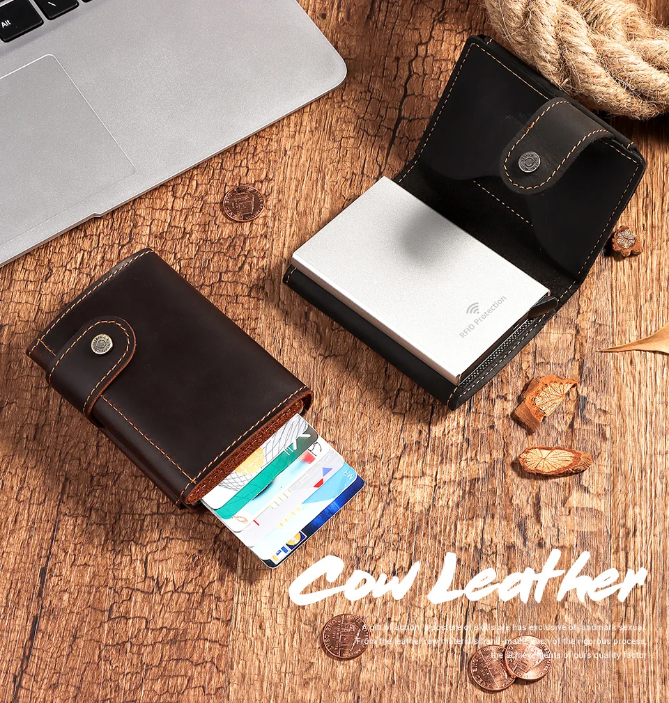 Vintage Crazy Horse Leather Men Wallets RFID Protection Mini Metal Card Holder Wallet Zipper Coin Pocket for Man