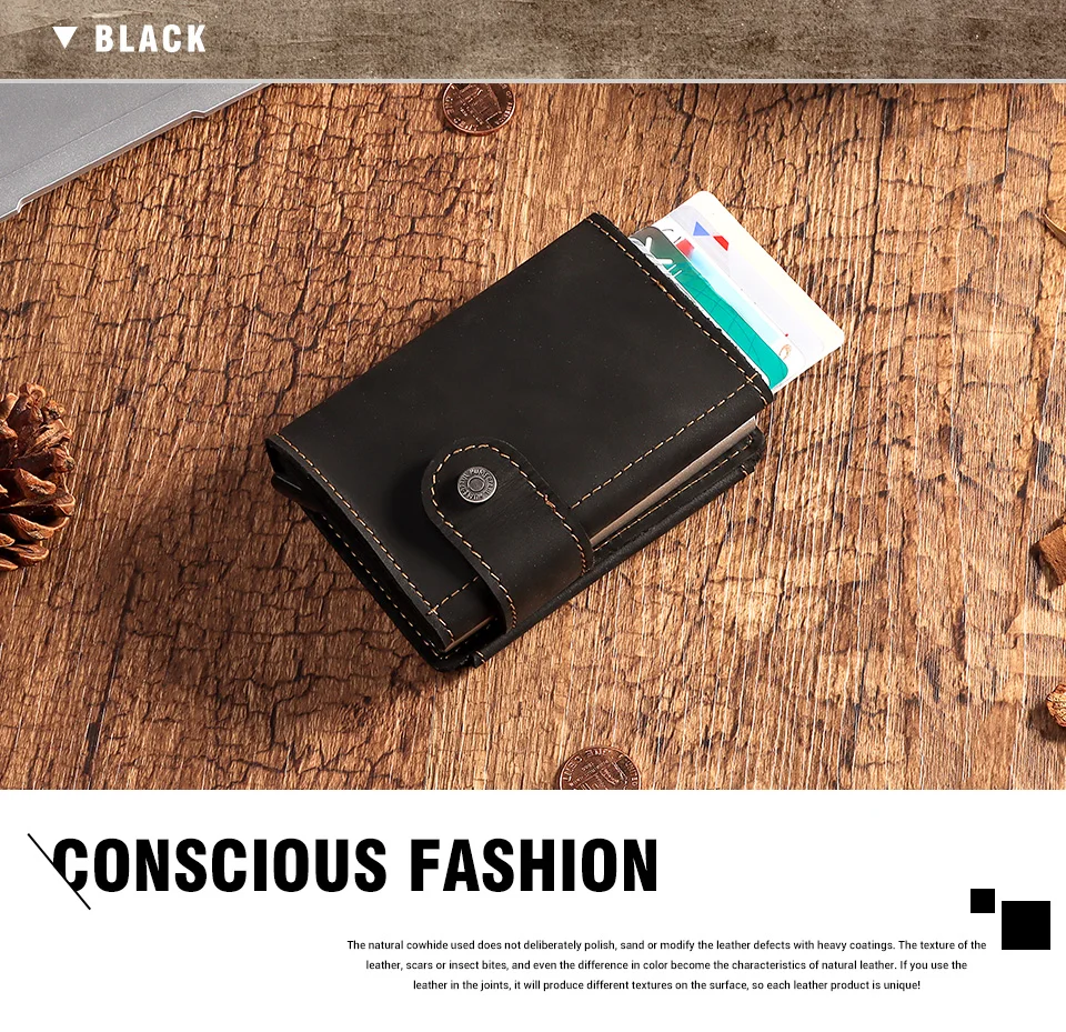 Vintage Crazy Horse Leather Men Wallets RFID Protection Mini Metal Card Holder Wallet Zipper Coin Pocket for Man