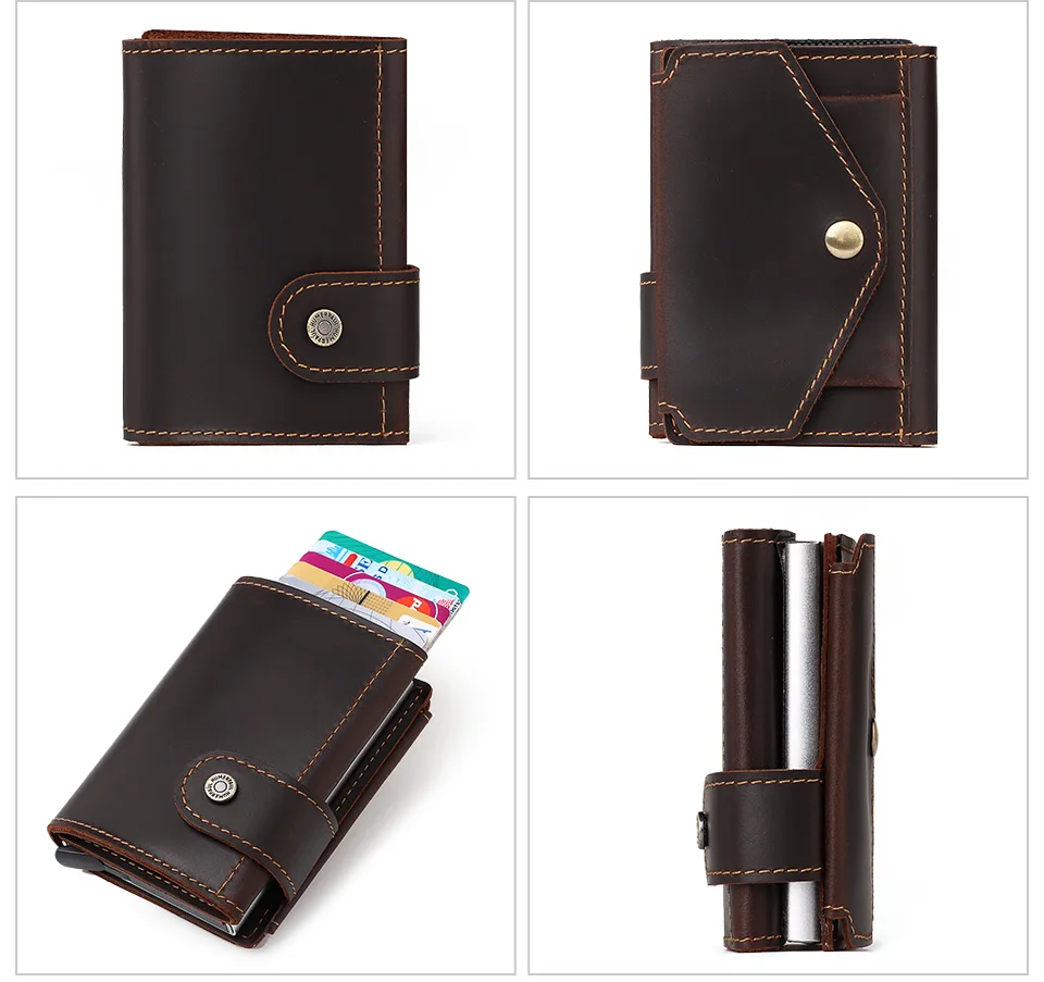 Vintage Crazy Horse Leather Men Wallets RFID Protection Mini Metal Card Holder Wallet Zipper Coin Pocket for Man