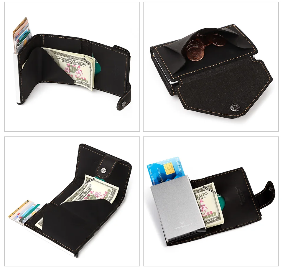 Vintage Crazy Horse Leather Men Wallets RFID Protection Mini Metal Card Holder Wallet Zipper Coin Pocket for Man