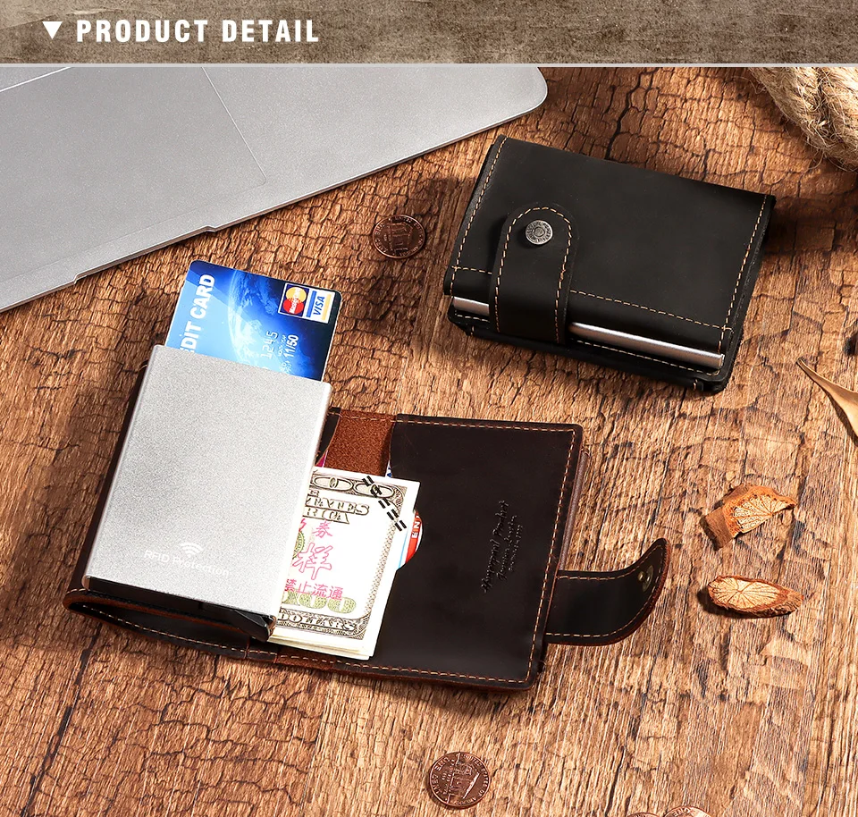Vintage Crazy Horse Leather Men Wallets RFID Protection Mini Metal Card Holder Wallet Zipper Coin Pocket for Man