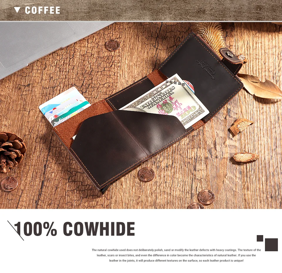 Vintage Crazy Horse Leather Men Wallets RFID Protection Mini Metal Card Holder Wallet Zipper Coin Pocket for Man