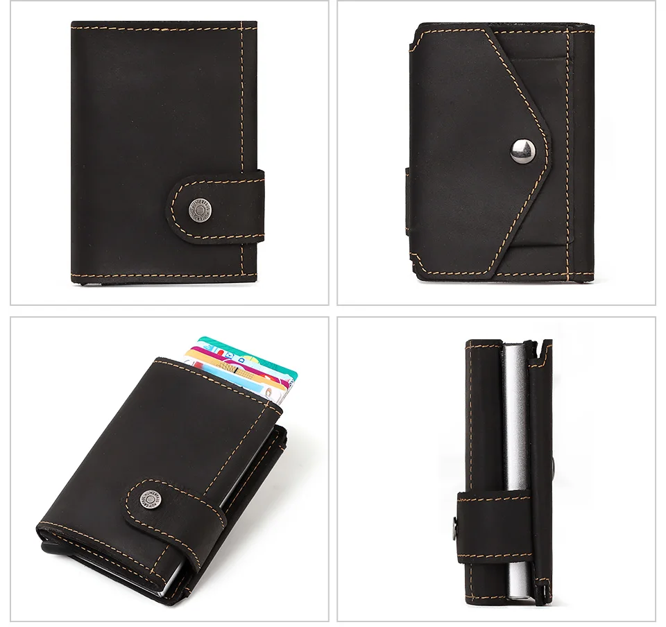 Vintage Crazy Horse Leather Men Wallets RFID Protection Mini Metal Card Holder Wallet Zipper Coin Pocket for Man