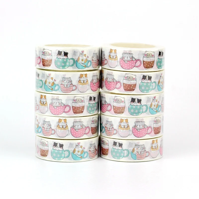 NEW 1PC. 10M Decorative Kawaii Cats in Cups Japanese Washi Tapes for Journaling Adhesive Masking Tape Cute Stationery