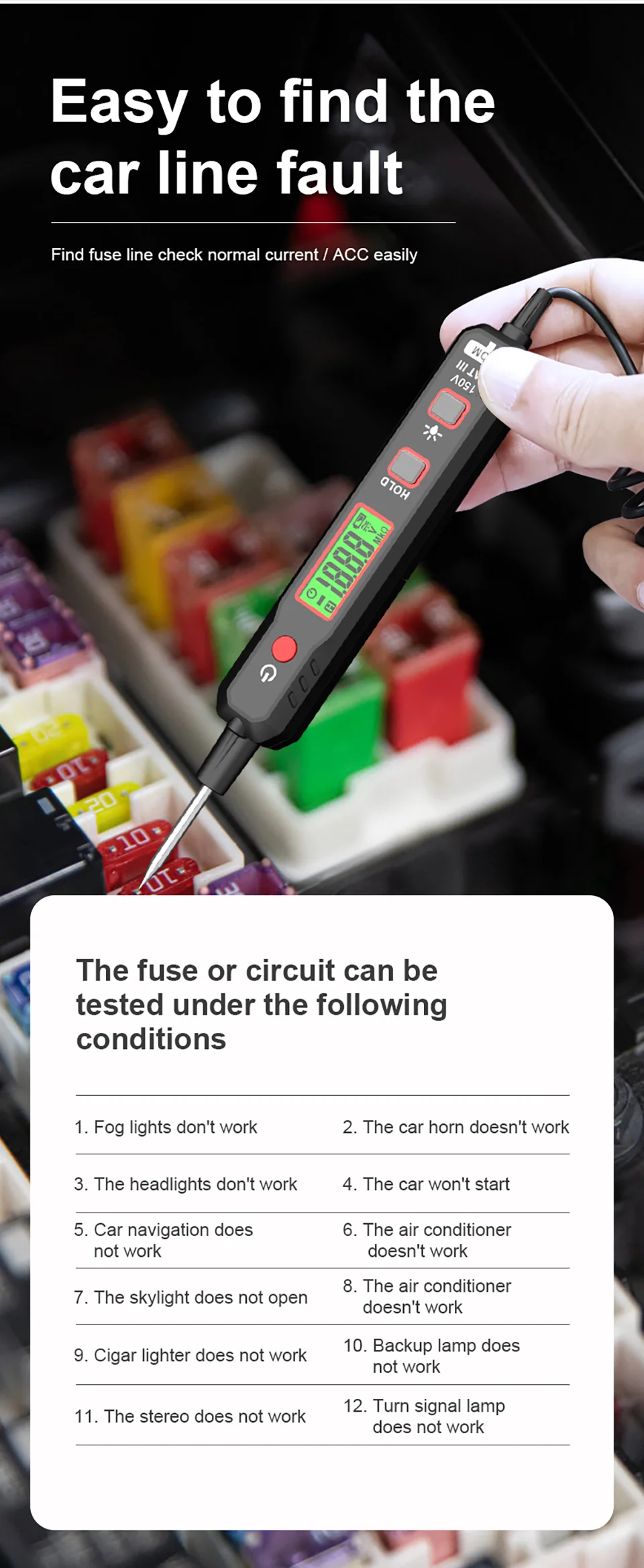 HT86A Car Voltage Detector Pen Automobile Fault Maintenance Circuit Tester Digital Backlight Car Fuse Diagnostic Probe Tools