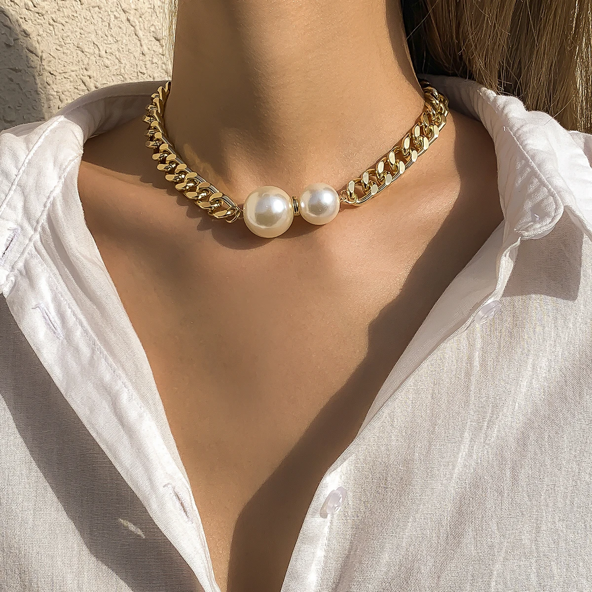Vintage Punk Cuban Chains Necklaces Women Gothic Imitation-Pearl Pendant Necklace Chokers Fashion Accessories Jewellery