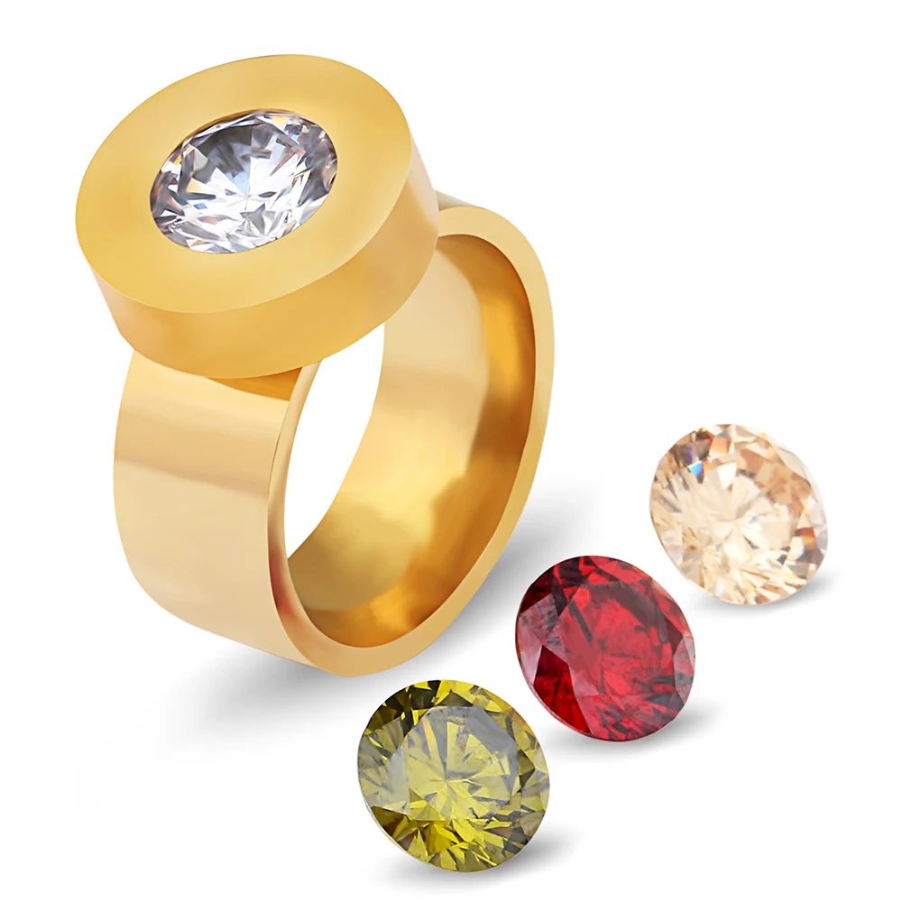 Gold Color Fashion DIY Brand Crystal Ring Four Color Zircon Swap Titanium Steel Rings for Women