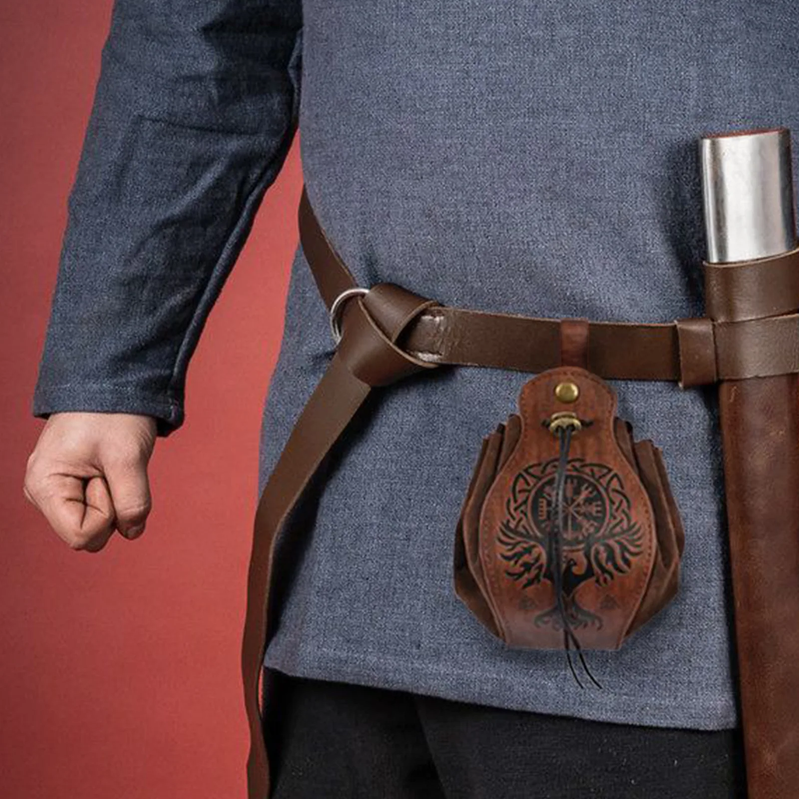 Medieval Viking Money Pouch Bag Cosplay Hangable Belt Waist Bag Unisex Leather Drawstring Bag Coin Purse Party Accessories Prop