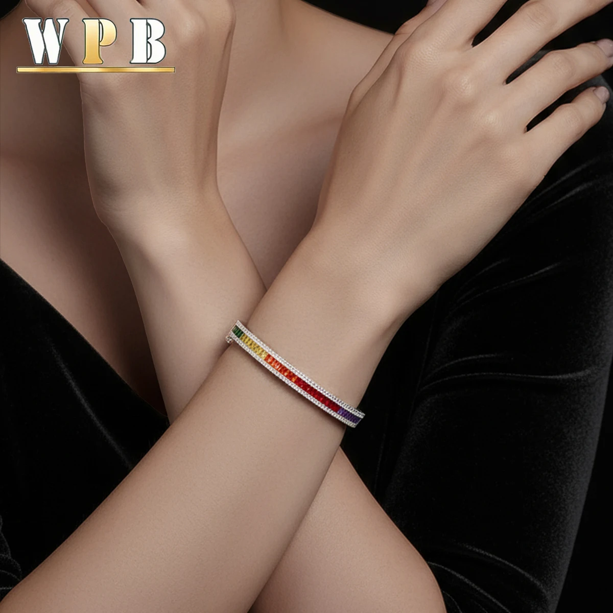 WPB Luxury Style Colorful Zircon Bracelet for Women Platinum-Plated Push-Pull Clasp Stylish for Daily/Dates/Light Business Wear