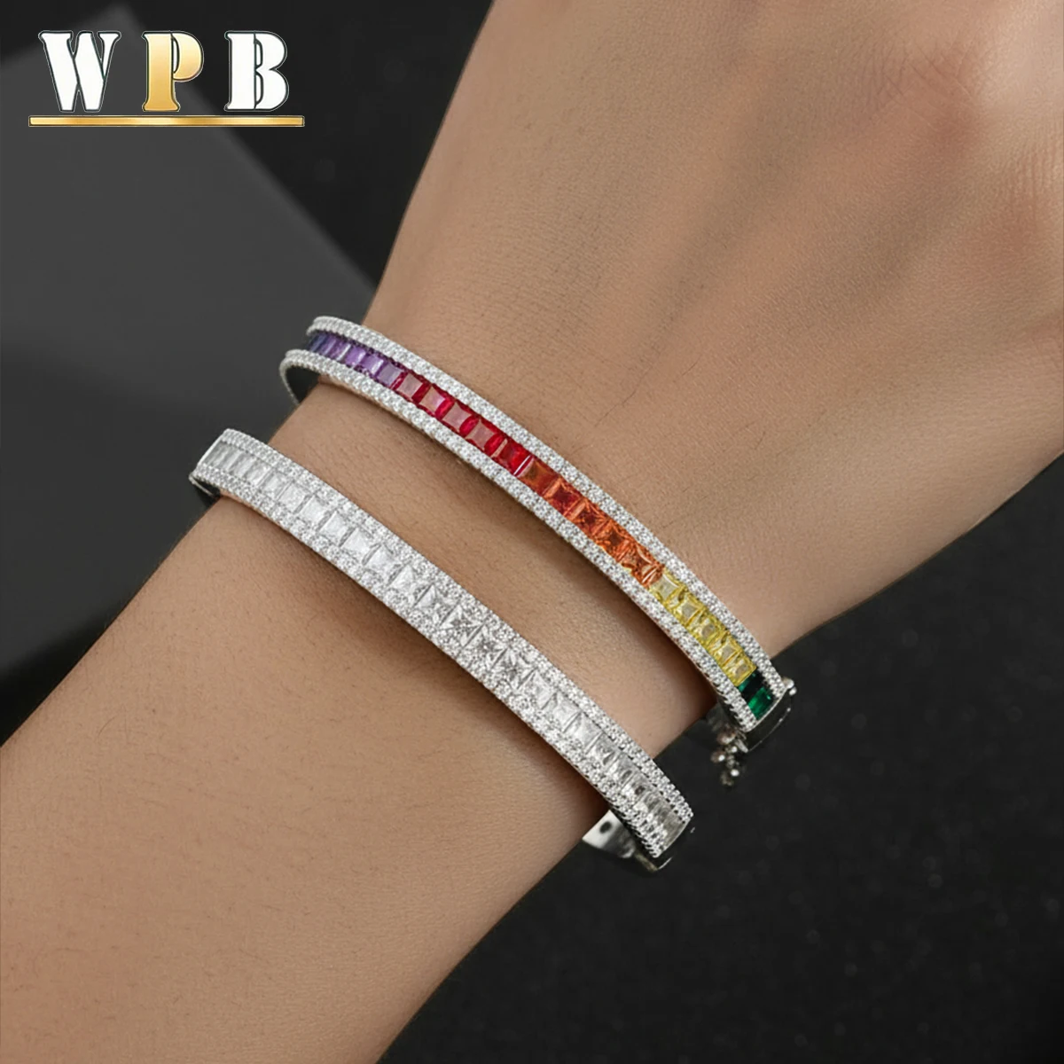 WPB Luxury Style Colorful Zircon Bracelet for Women Platinum-Plated Push-Pull Clasp Stylish for Daily/Dates/Light Business Wear