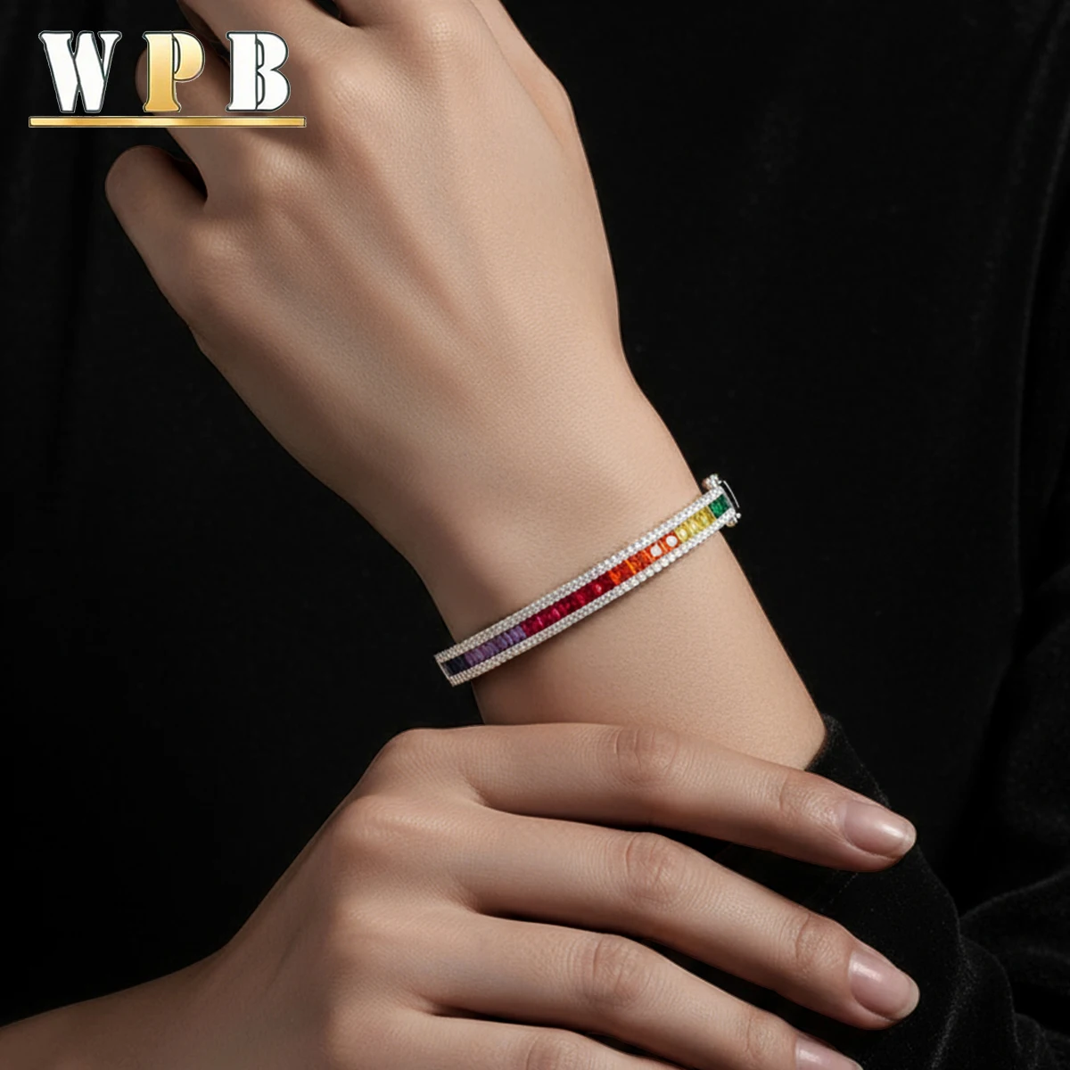 WPB Luxury Style Colorful Zircon Bracelet for Women Platinum-Plated Push-Pull Clasp Stylish for Daily/Dates/Light Business Wear