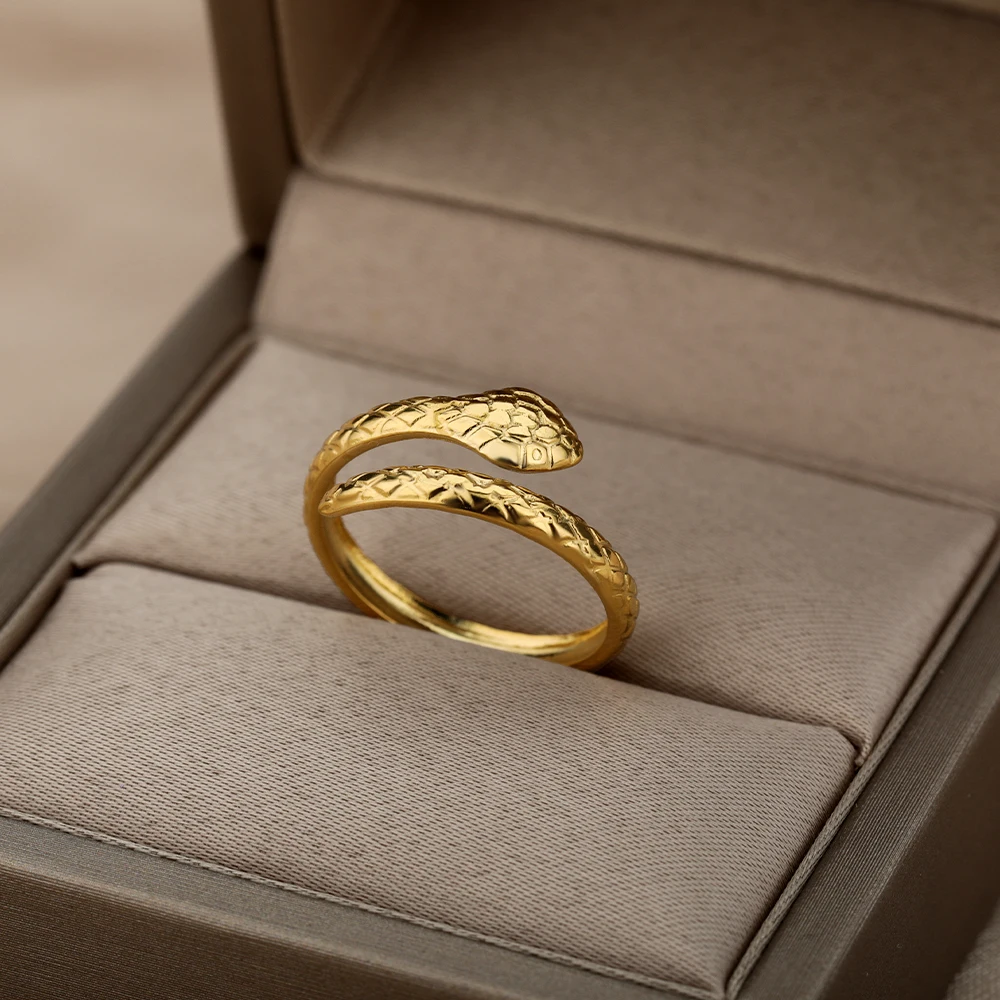 Stainless Steel Snake Rings For Women Men Gold Color Open Adjustable Zircon Ring Vintage Gothic Aesthetic Jewelry anillos mujer