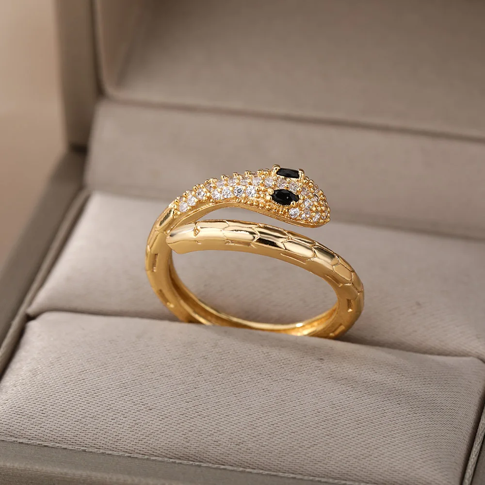 Stainless Steel Snake Rings For Women Men Gold Color Open Adjustable Zircon Ring Vintage Gothic Aesthetic Jewelry anillos mujer