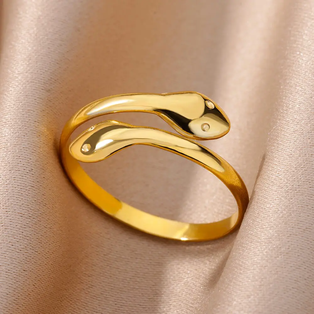 Stainless Steel Snake Rings For Women Men Gold Color Open Adjustable Zircon Ring Vintage Gothic Aesthetic Jewelry anillos mujer
